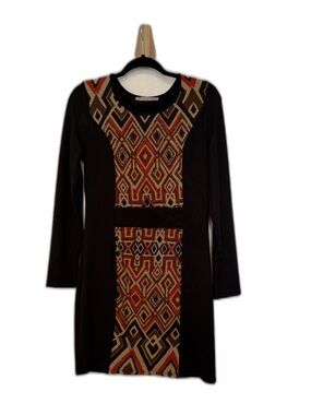Black Long-Sleeve Dress with Rust & Tan Geometric Front Panel